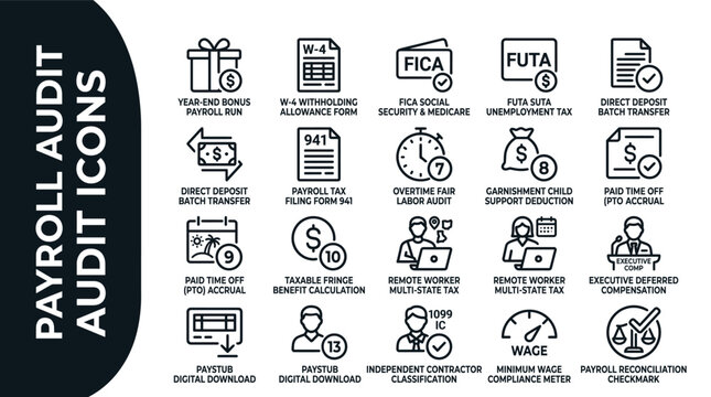 Set of payroll audit icons for financial accounting and human resources