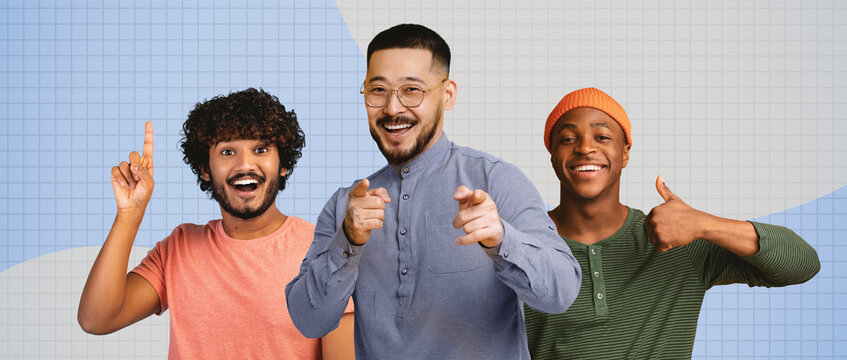 Joyful Group Of Three Happy Men, One South Asian, One East Asian, One African American, Smiling And Pointing At Camera In Studio Setting, Celebrating Friendship And Togetherness, Positive Energy.