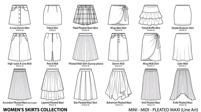 Skirts Collection Line Art Illustration of Women's Mini Midi and Pleated Maxi Apparel Templates