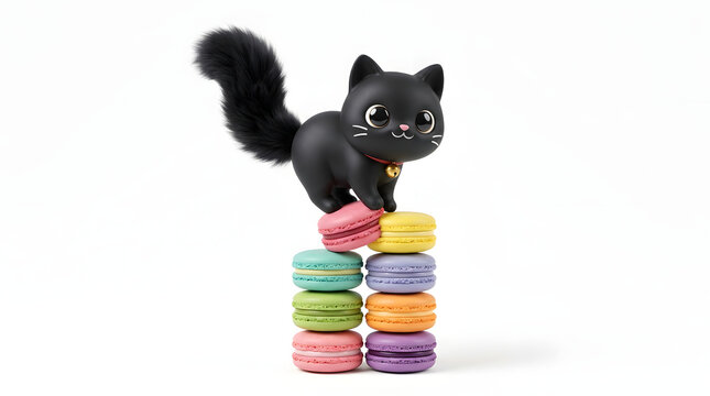 Black Cat Toy on Macarons: French Pastry Stack, Sweet Delight, Cute Kitten Figurine, Pastel Colors, Confectionery Treats, Pastry Art, Bakery Product isolated on White Background Happy Halloween