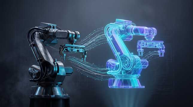 Industrial robotic arm projecting a holographic digital twin in a dark studio with blue and purple glowing light for smart manufacturing and industry 4.0 concepts