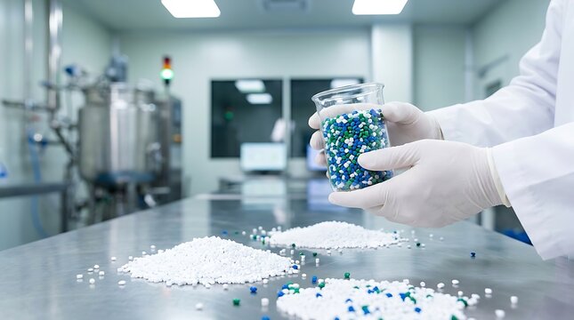Scientist wearing white lab coat and blue gloves holds beaker with blue green plastic pellets in laboratory with equipment.