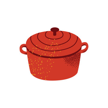 Red Dutch Oven Cooking Pot with Lid and Textured Speckled Finish, Ceramic Cast Iron Kitchenware Flat Vector Illustration