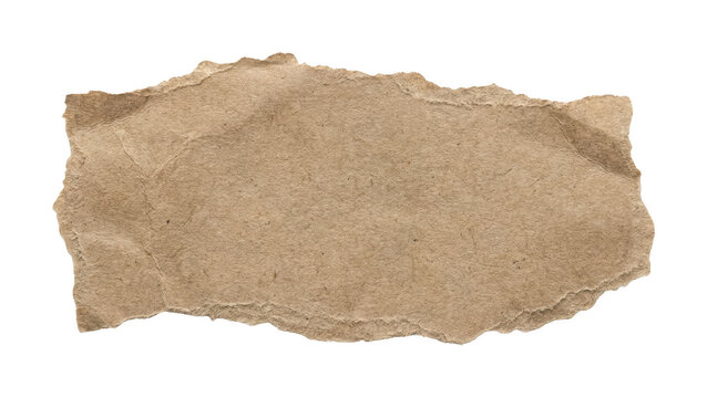 Single torn brown kraft paper fragment for rustic branding isolated on transparent png