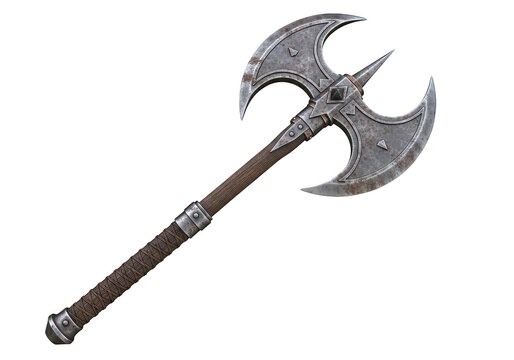 A weathered double bladed battle axe rests on transparent background battleaxe weapon