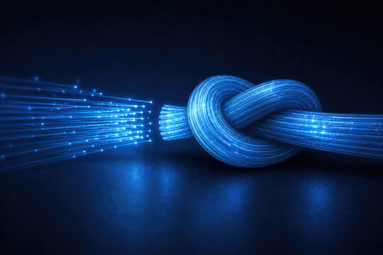 Glowing blue fiber optic cables form a tight knot. Space for text.