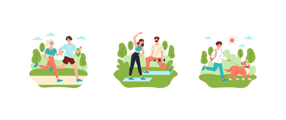 Fototapeta premium People exercising outdoors running training and dog walking