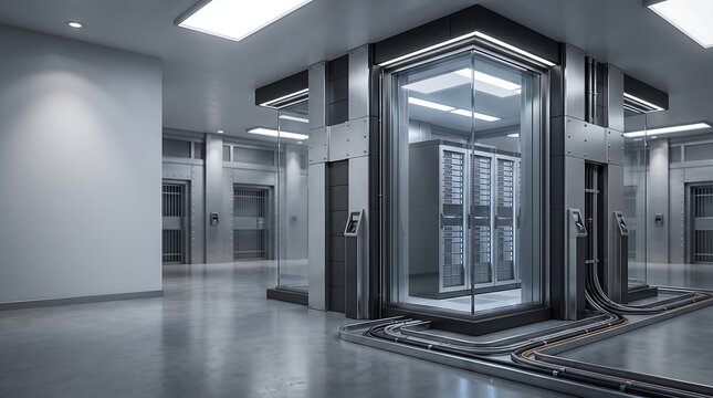 Futuristic glass-enclosed server rack infrastructure in a pristine, modern enterprise data center with copy space.
