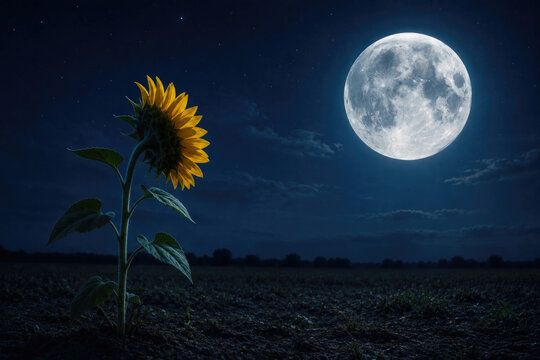 Sunflower faces a bright full moon in a starry night. Space for text.