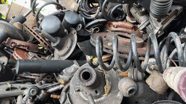 A pile of junk with a few parts that look like they are from a car. Scene is chaotic and disorganized