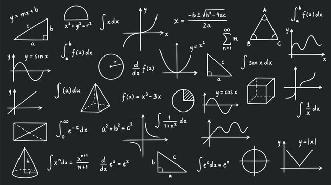 Seamless Tile of White Chalk Math Equations Graphs Geometric Diagrams Integral Signs on Dark Blackboard Education Vector Illustration - professional high resolution detailed commercial stock imagery