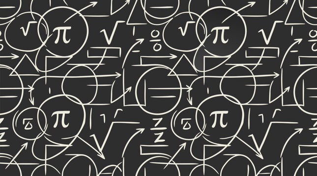Seamless pattern of overlapping circles, pi symbols, square roots, fractions and geometric shapes in white on dark chalkboard background mathematical vector illustration for education and science