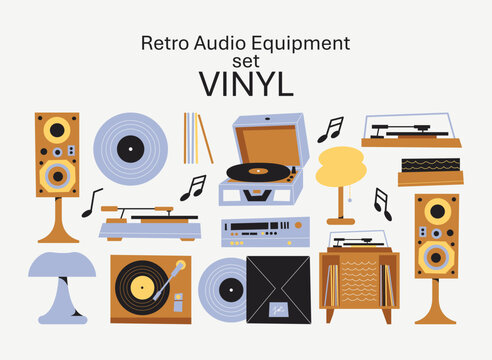 Retro Vinyl Audio Equipment Set with Turntables, Speakers, Record Player, Vinyl Records and Lamp, Mustard Blue Flat Vector Illustration
