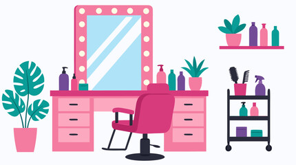 Naklejka premium Flat design beauty salon interior illustration with pink styling chair, large vanity mirror with round bulbs, countertop with hair products, potted plants, and rolling cart in modern pink color