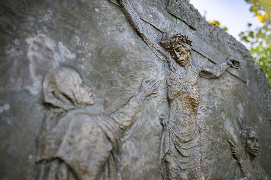The Crucifixion of Jesus &ndash; Fifth Sorrowful Mystery of the Rosary. A relief sculpture on Mount Podbrdo (the Hill of Apparitions) in Medjugorje.