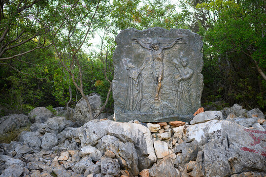 The Crucifixion of Jesus &ndash; Fifth Sorrowful Mystery of the Rosary. A relief sculpture on Mount Podbrdo (the Hill of Apparitions) in Medjugorje.