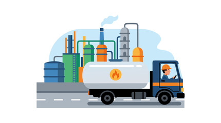 Fototapeta premium Flat design vector illustration of blue oil tanker truck with fuel symbol driven by worker in orange hard hat passing simplified industrial refinery with cylindrical storage tanks and pipes
