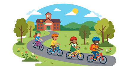 Fototapeta premium Four diverse happy children wearing colorful safety helmets riding bicycles along a winding path toward a red brick school building with clock tower, green rolling hills, blue sky with sun and clouds