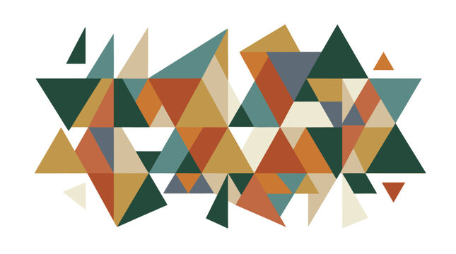 Abstract geometric background featuring overlapping triangles in muted earth tones including rust orange, olive green, cream, and teal accents, flat modern vector design for wallpapers and digital