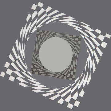 Abstract pattern overlaps square & circle design elements with checkerboard game & telescoping circles that introduce colors in playful trailing designs around center round form.