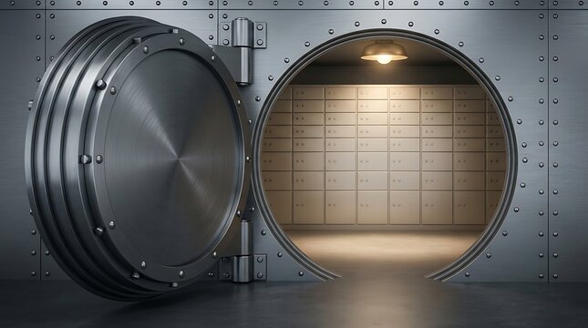 Opened large circular bank vault door revealing interior with rows of safety deposit boxes illuminated by warm light.