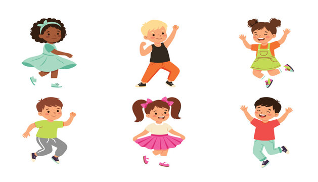 Happy diverse cartoon children character set dancing jumping running and celebrating in playful poses flat vector illustration