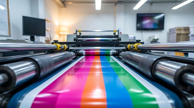 Industrial printing press machine with colorful CMYK ink stripes on paper roll moving through rollers for commercial print production and advertising materials.