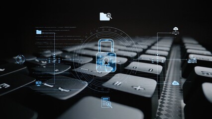 Fototapeta na wymiar Cyber security protection and cyber security strategies against cyber threats, system hacks, digital breaches, network attacks, and safeguarding data with strong cyber security infrastructure. Muxer