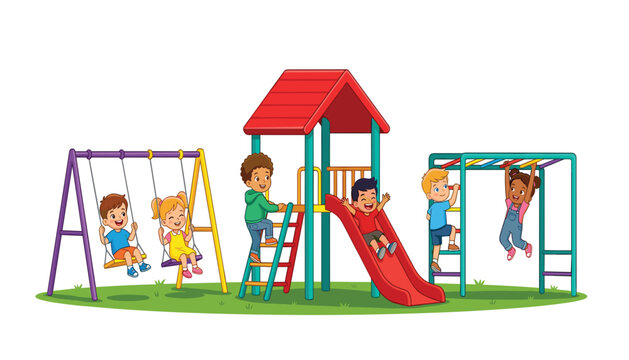 Happy diverse children playing on playground equipment including swings slide monkey bars and climbing ladder vector cartoon illustration