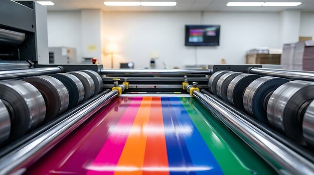 Offset printing press machine with colorful CMYK ink stripes on paper roll moving through rollers for commercial print production and advertising materials.