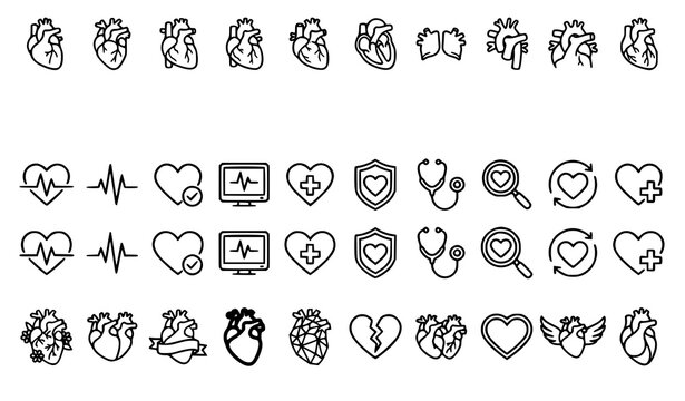 Premium anatomical heart editable outline icon collection for cardiology healthcare and tattoo design