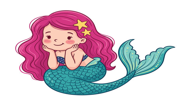 Cute little mermaid character with long pink hair and blue fish tail cartoon style vector illustration isolated on white background