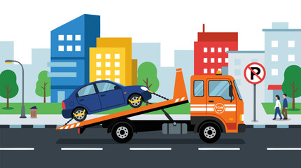 Naklejka premium Flatbed tow truck hauling improperly parked blue car from no-parking zone on city street with colorful buildings, flat vector illustration for parking enforcement and urban towing concepts