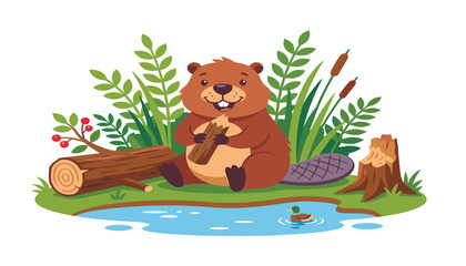 Cute cartoon beaver character sitting by a pond chewing wood log near a tree stump vector illustration scene © raju