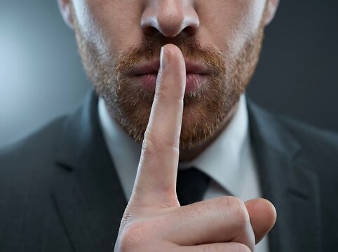 Close up of man's face with finger on lips, gesturing for silence and secrecy, keeping a secret discreetly.