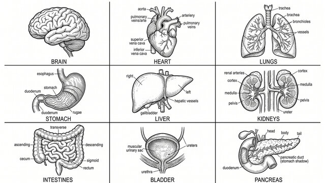 Anatomical diagram showing various human internal organs including the brain, heart, lungs, stomach, liver, kidneys, intestines, bladder, and pancreas