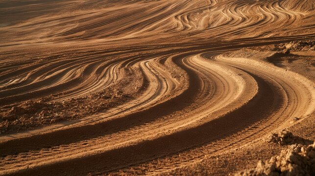 Textured dirt ground with tire tracks under warm sunlight
