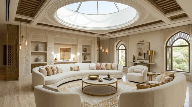 Luxurious Arabic Living Room with Dome Skylight and Ornate Details