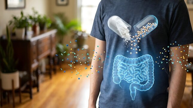 Person's t-shirt graphic displaying glowing intestines with capsule and colorful particles representing gut health and probiotics supplements for wellness purposes.
