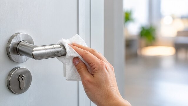 Hand disinfecting a door handle with antiseptic wipe, cold and flu season hygiene and infection prevention concept