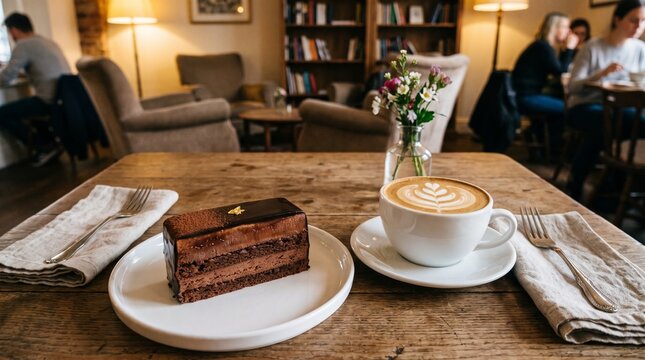 Chocolate cake slice with cocoa dust and heart latte art coffee on wooden caf&eacute; table, cozy warm atmosphere with plants and people.