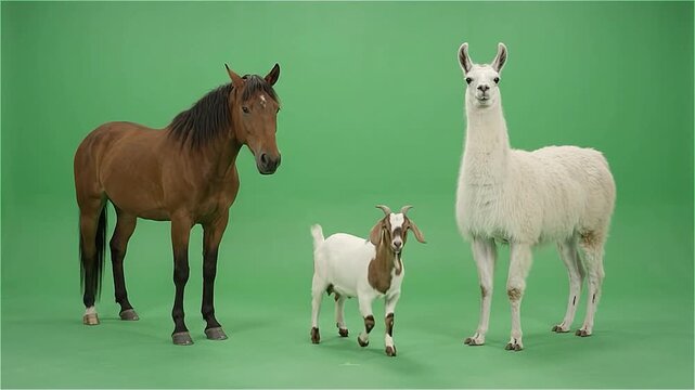 Brown Horse, White Goat, and Alpaca Isolated on Green Screen