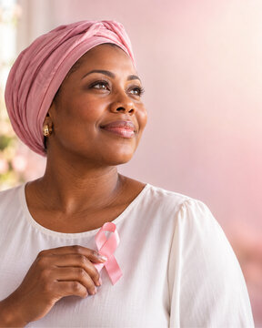 Hopeful Woman Wearing Pink Headscarf Holding Breast Cancer Awareness Ribbon