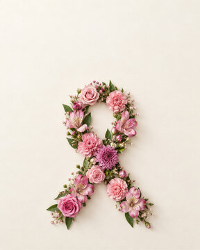 Pink awareness ribbon made of beautiful fresh flowers on a soft neutral background