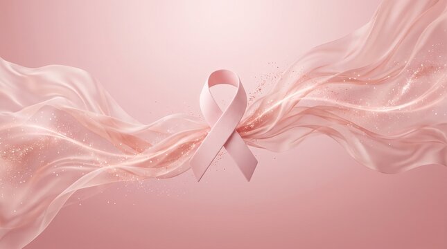 Pink Ribbon Symbol for Breast Cancer Awareness Month with Flowing Silk Fabric Background