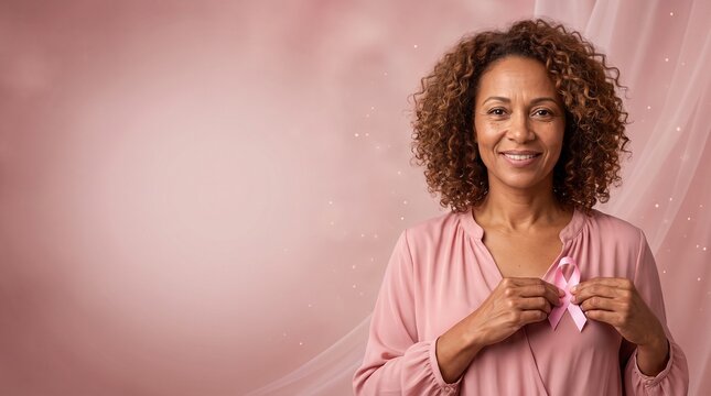 Middle-aged woman holding pink ribbon for breast cancer awareness on soft pink background