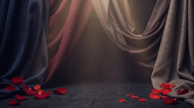 Elegant Stage Background with Draped Fabric and Red Rose Petals