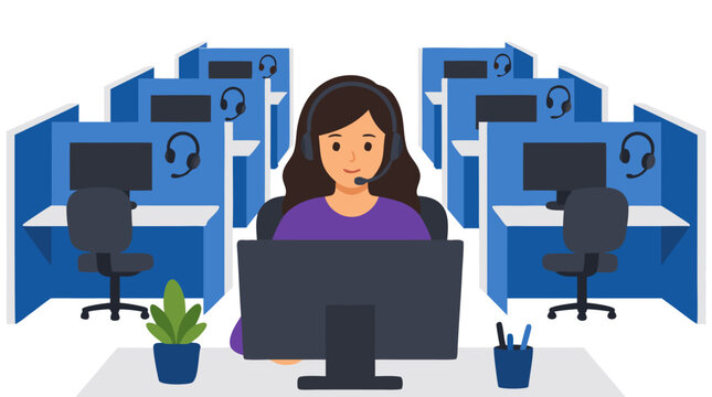 Professional female customer service representative wearing headset at computer workstation in modern call center office with rows of identical blue cubicles and workstations