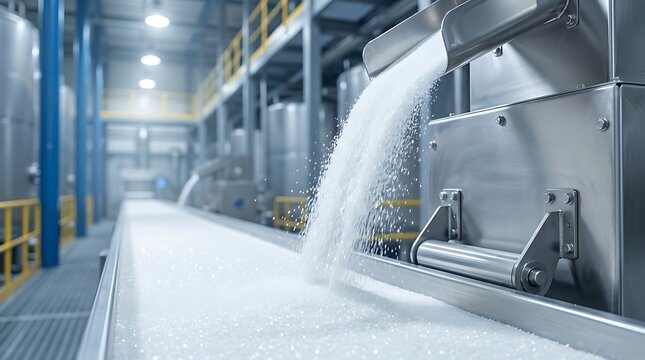 Granulated white sugar flowing from steel dispenser chute onto automated conveyor belt system inside modern sterile food processing plant refinery facility.