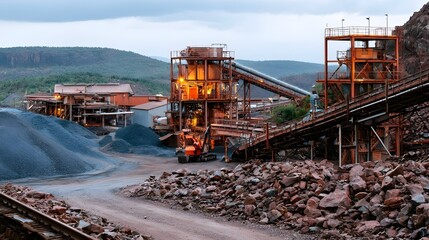 Obraz premium Industrial mining site with conveyor belts processing towers and piles of ore under an overcast sky